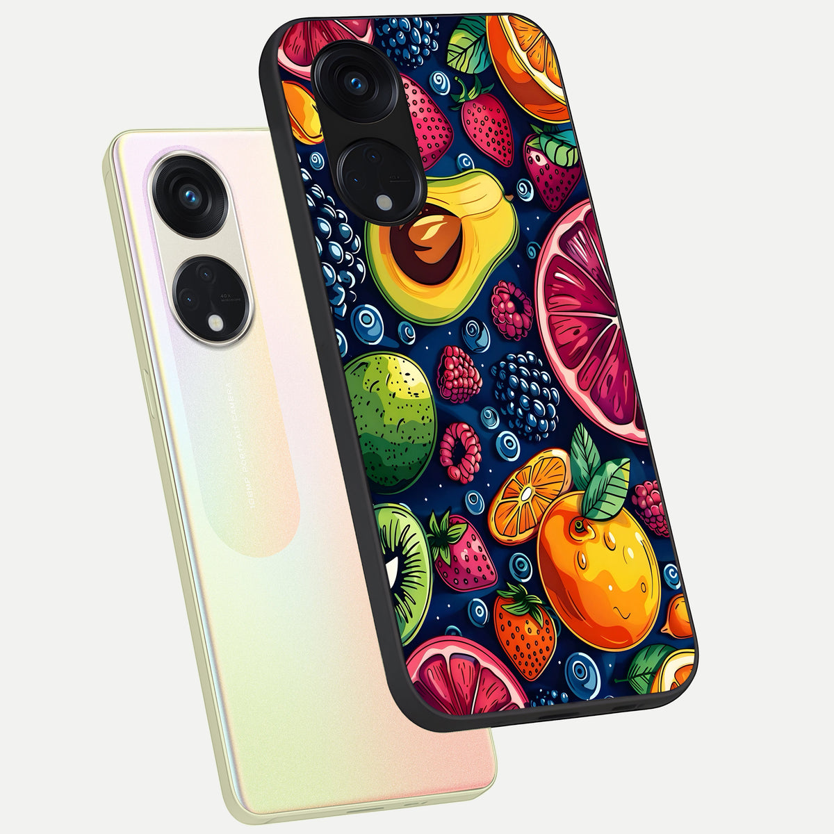  Cute Fruits Art phone case For Oppo Reno 8T 5G showing premium glass back cover with detailed artwork