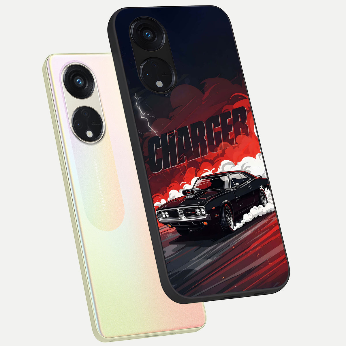  Dark Charger Fury phone case For Oppo Reno 8T 5G showing premium glass back cover with detailed artwork