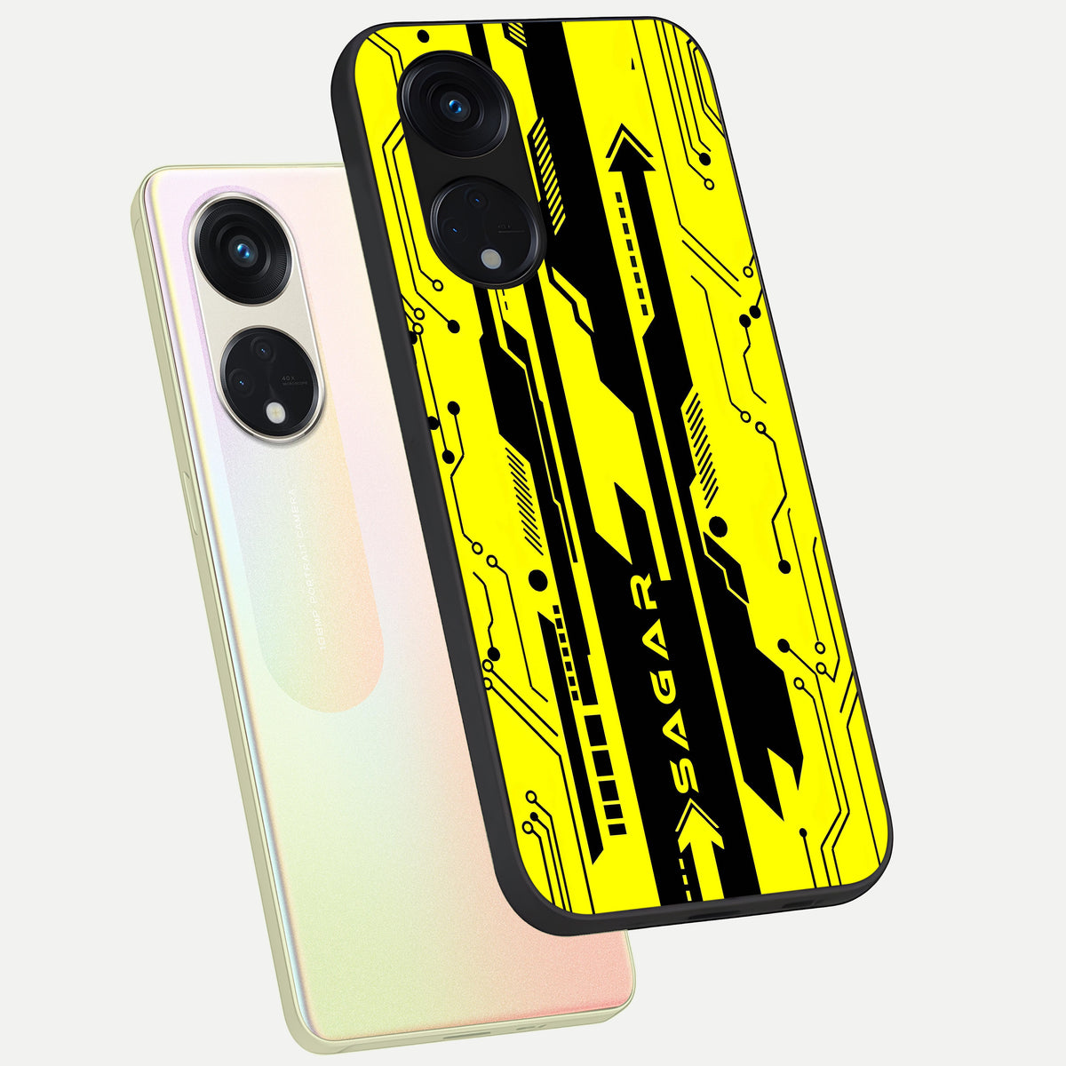  Electric Pulse CYBERPUNK Custom Name phone case For Oppo Reno 8T 5G showing premium glass back cover with detailed artwork