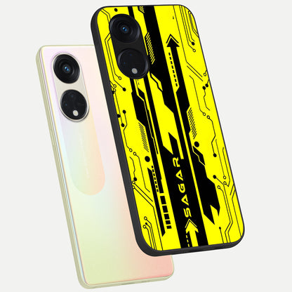  Electric Pulse CYBERPUNK Custom Name phone case For Oppo Reno 8T 5G showing premium glass back cover with detailed artwork
