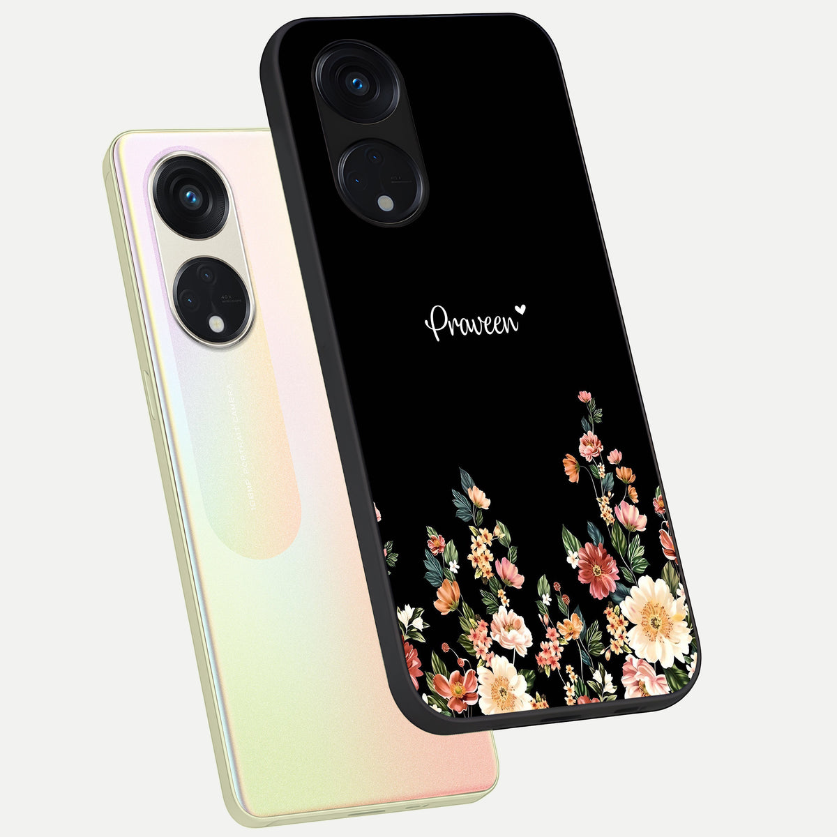  Floral Design Personalized Custom Name phone case For Oppo Reno 8T 5G showing premium glass back cover with detailed artwork