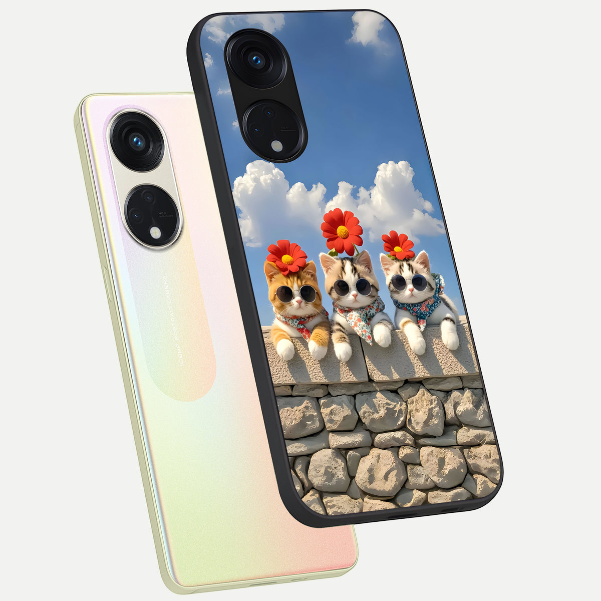  Floral Kitty Squad phone case For Oppo Reno 8T 5G showing premium glass back cover with detailed artwork