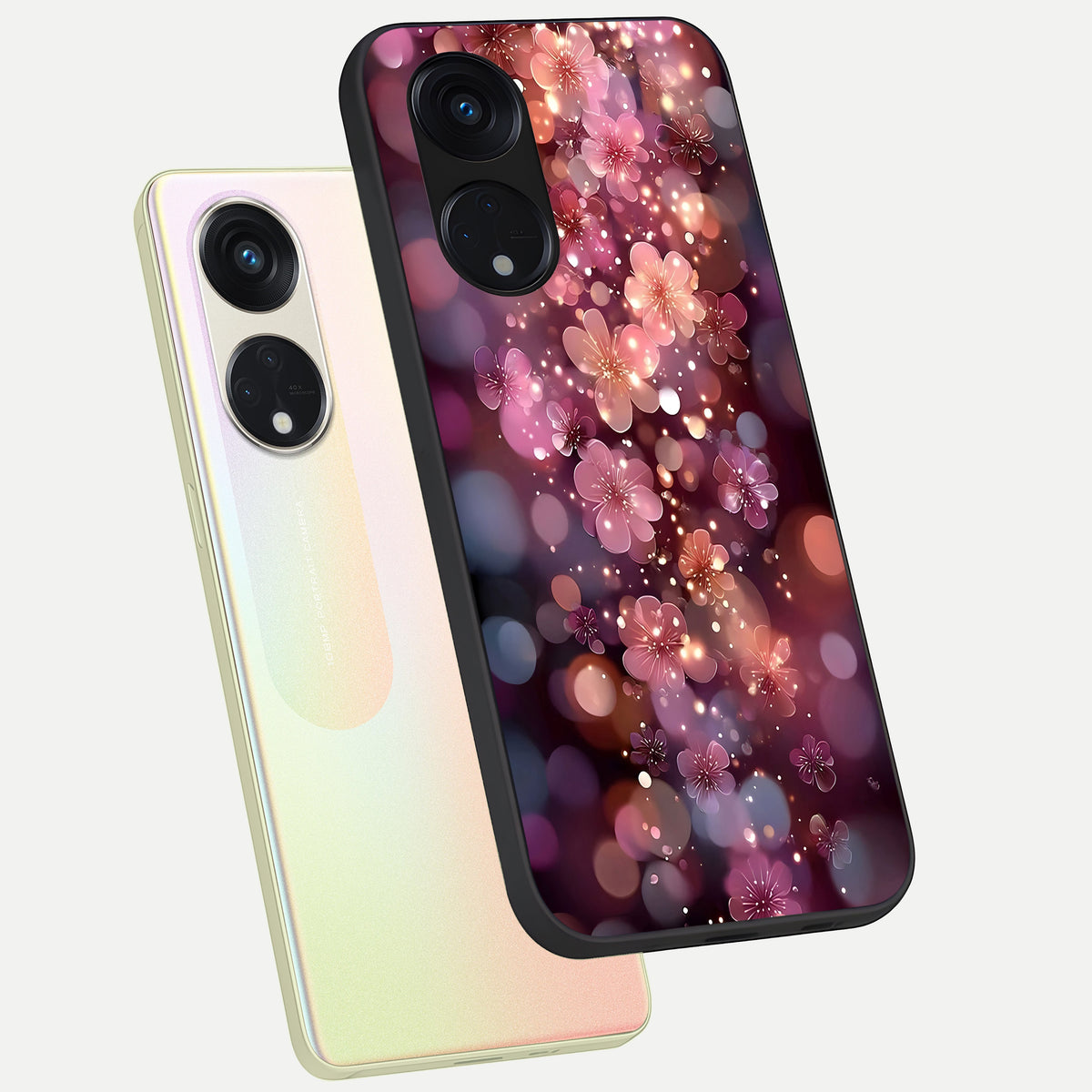 Glowing Petal Bliss phone case For Oppo Reno 8T 5G showing premium glass back cover with detailed artwork