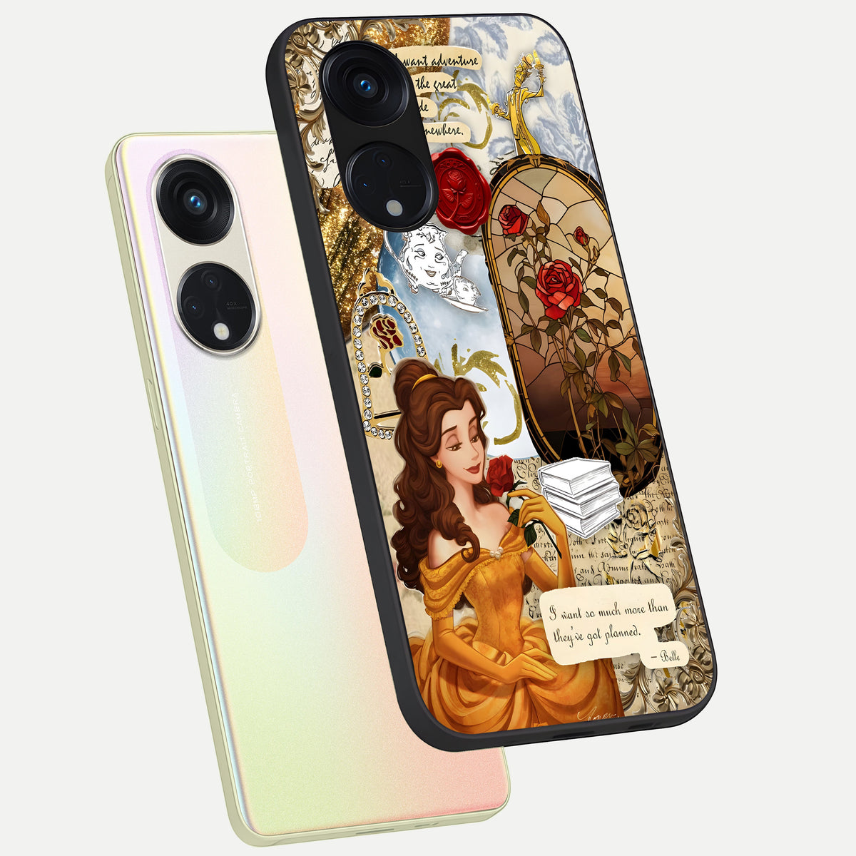  Golden Dream Belle phone case For Oppo Reno 8T 5G showing premium glass back cover with detailed artwork