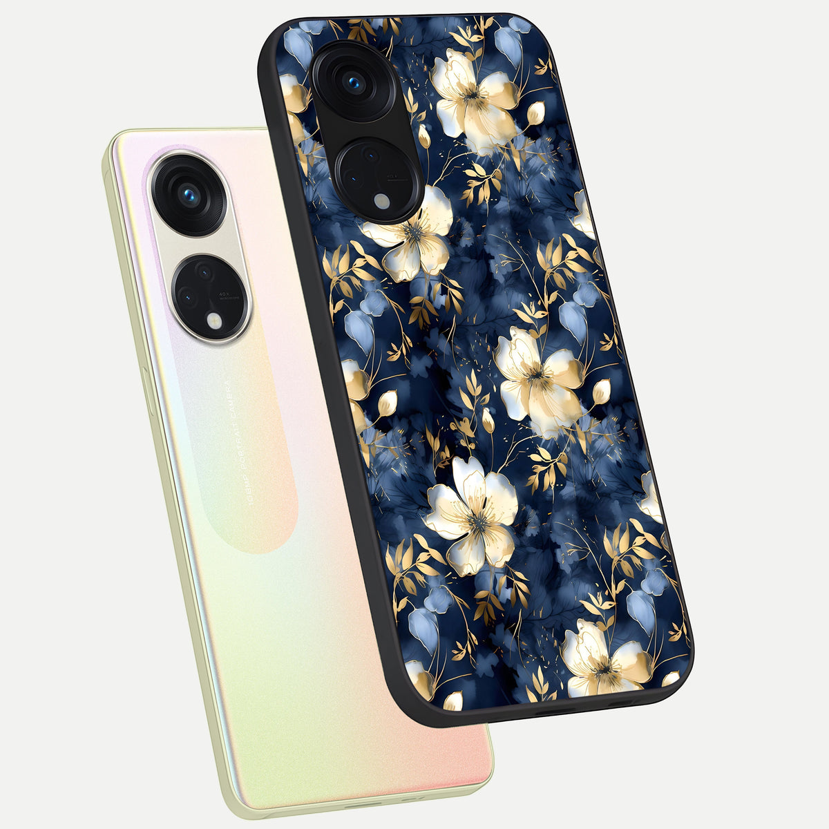  Golden Midnight Bloom phone case For Oppo Reno 8T 5G showing premium glass back cover with detailed artwork