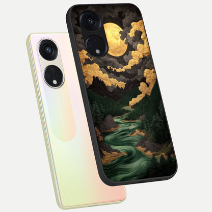  Golden River Moon phone case For Oppo Reno 8T 5G showing premium glass back cover with detailed artwork