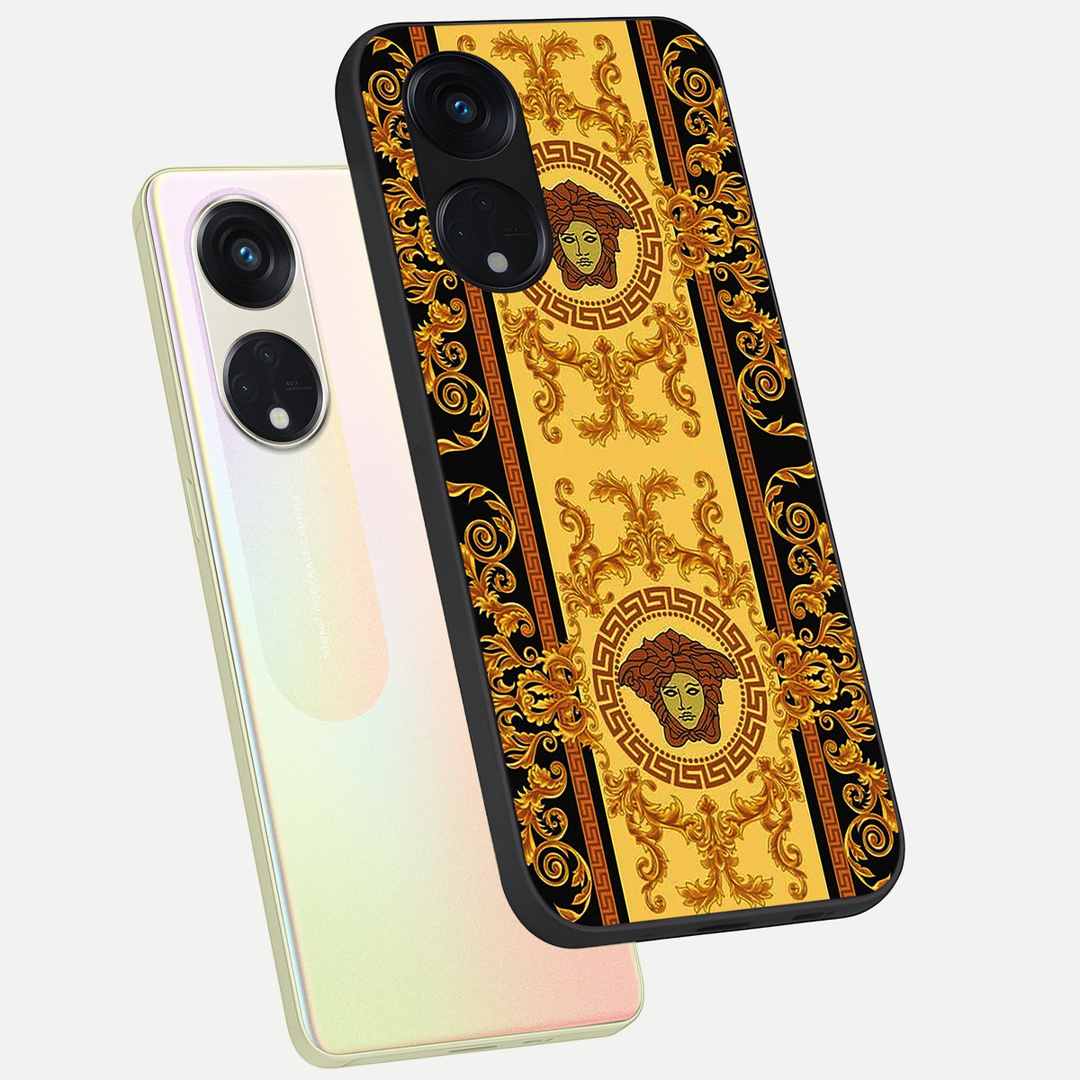  Golden Royal Heritage phone case For Oppo Reno 8T 5G showing premium glass back cover with detailed artwork