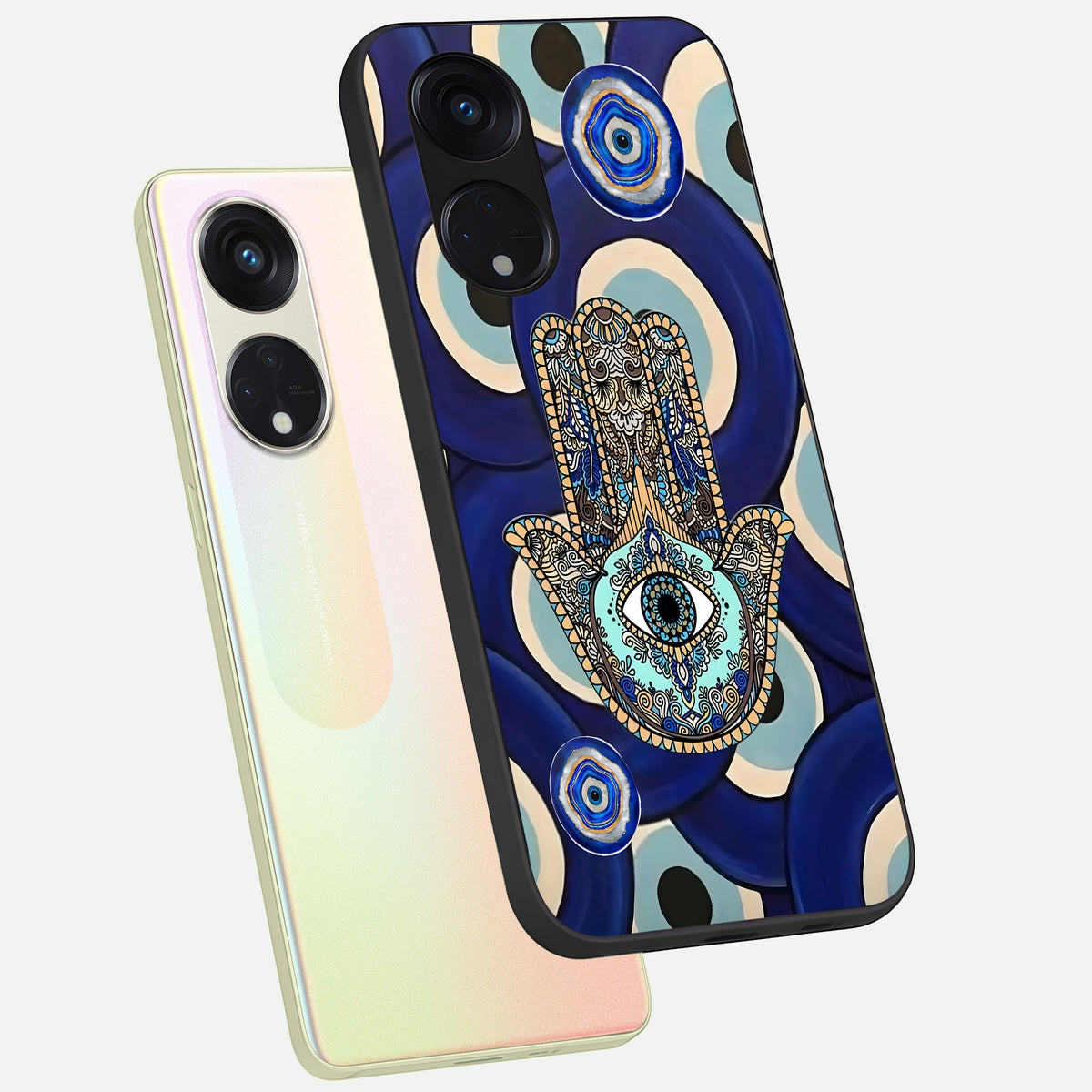  Hamsa Divine Guard phone case For Oppo Reno 8T 5G showing premium glass back cover with detailed artwork
