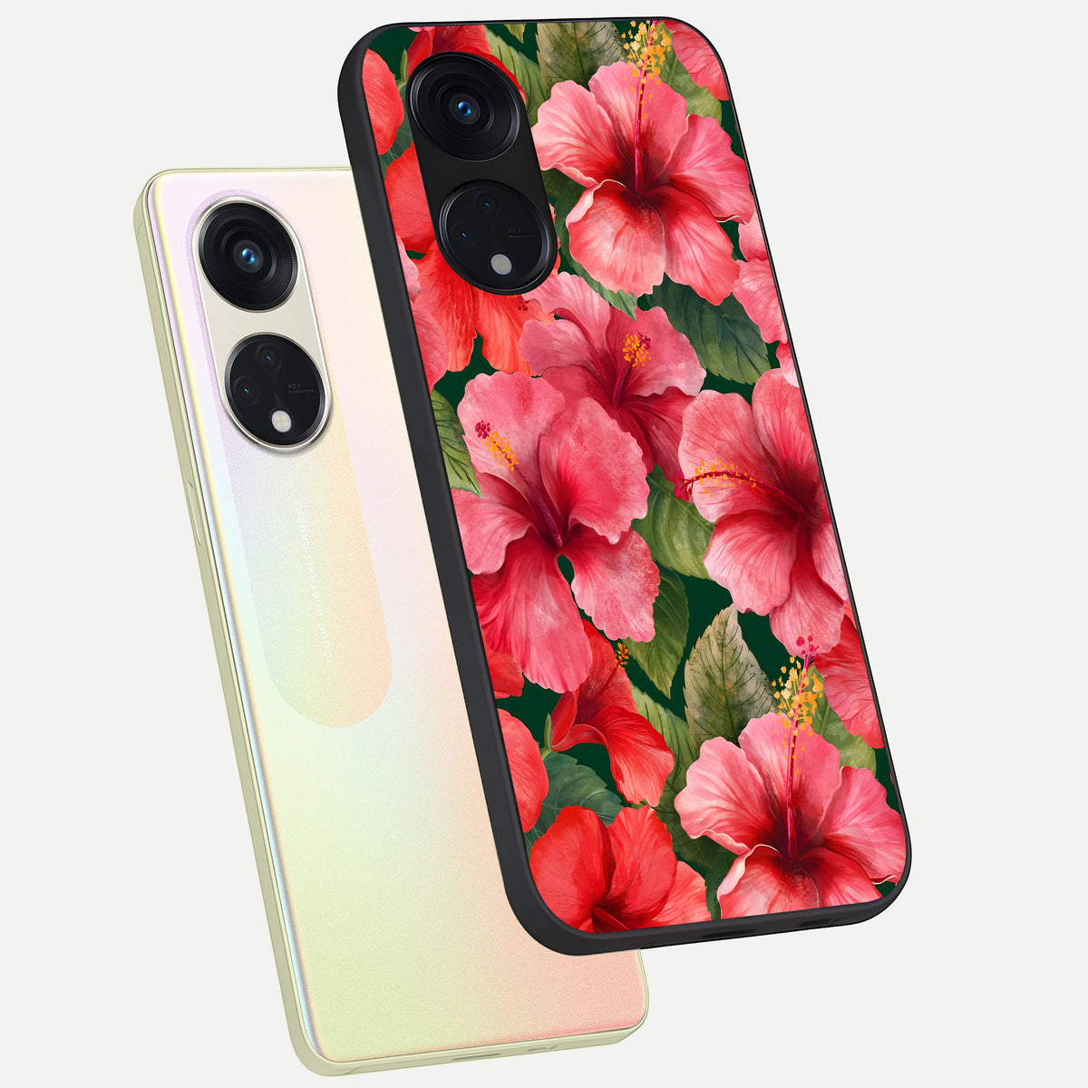  Hibiscus Pattern phone case For Oppo Reno 8T 5G showing premium glass back cover with detailed artwork