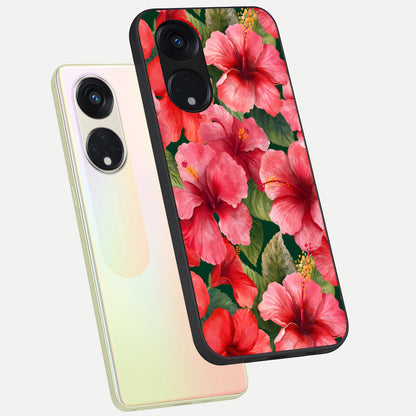 Hibiscus Pattern phone case For Oppo Reno 8T 5G showing premium glass back cover with detailed artwork
