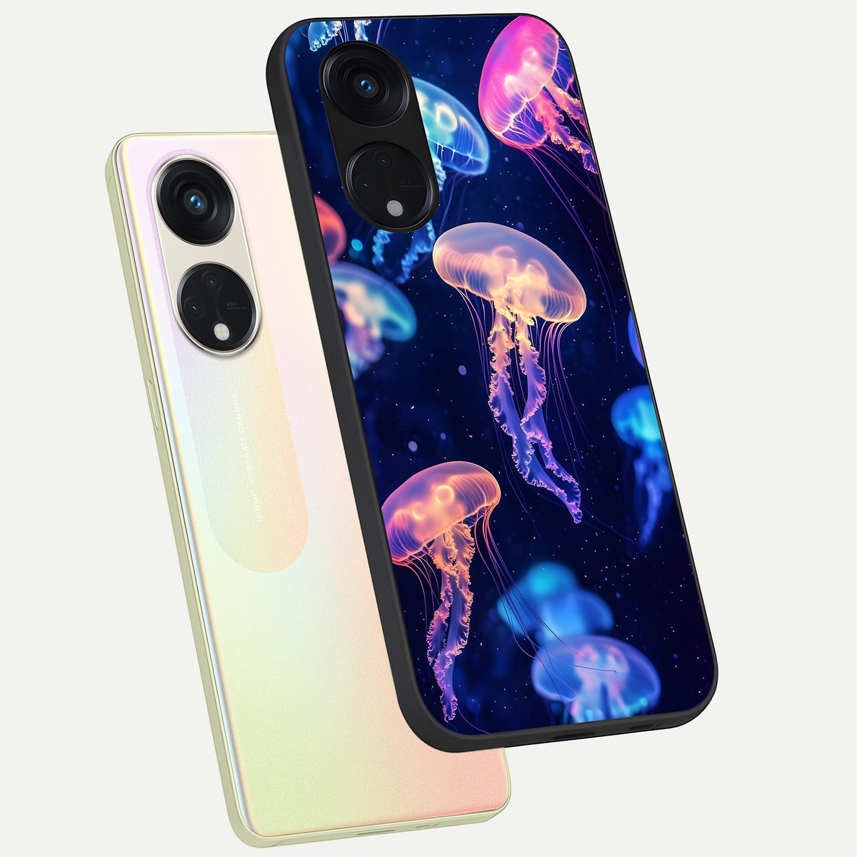  Jellyfish Pattern phone case For Oppo Reno 8T 5G showing premium glass back cover with detailed artwork
