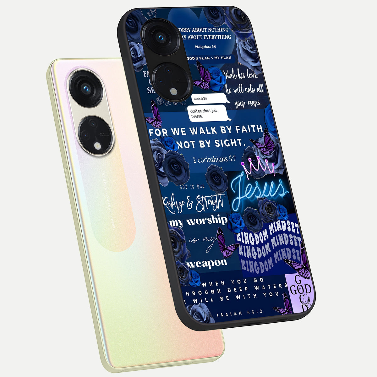  Kingdom Faith Glow phone case For Oppo Reno 8T 5G showing premium glass back cover with detailed artwork