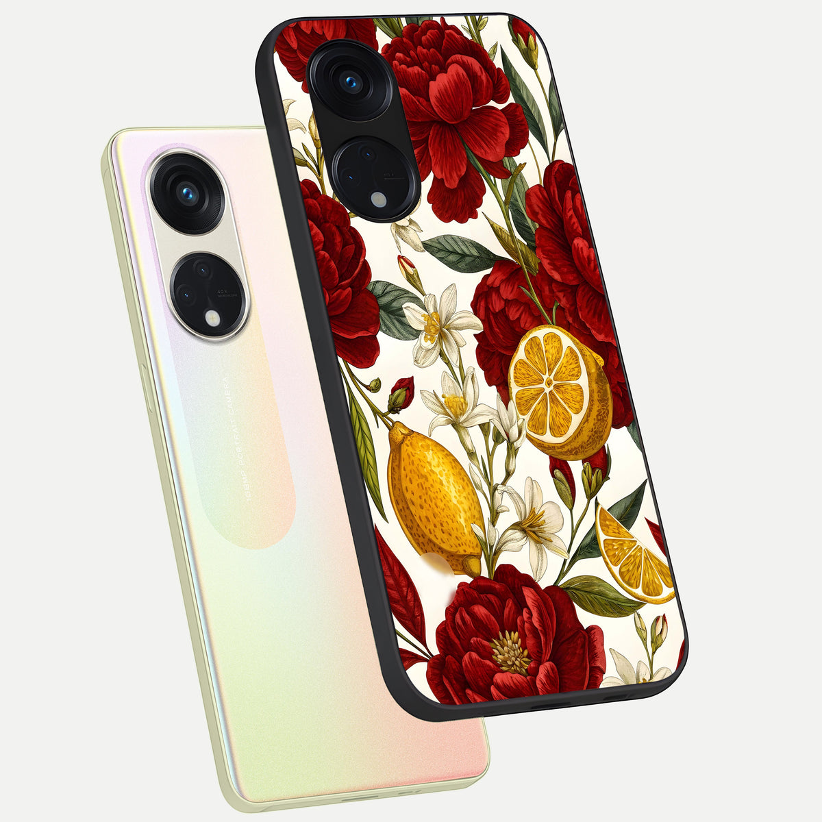  Lemon Rose Charm phone case For Oppo Reno 8T 5G showing premium glass back cover with detailed artwork