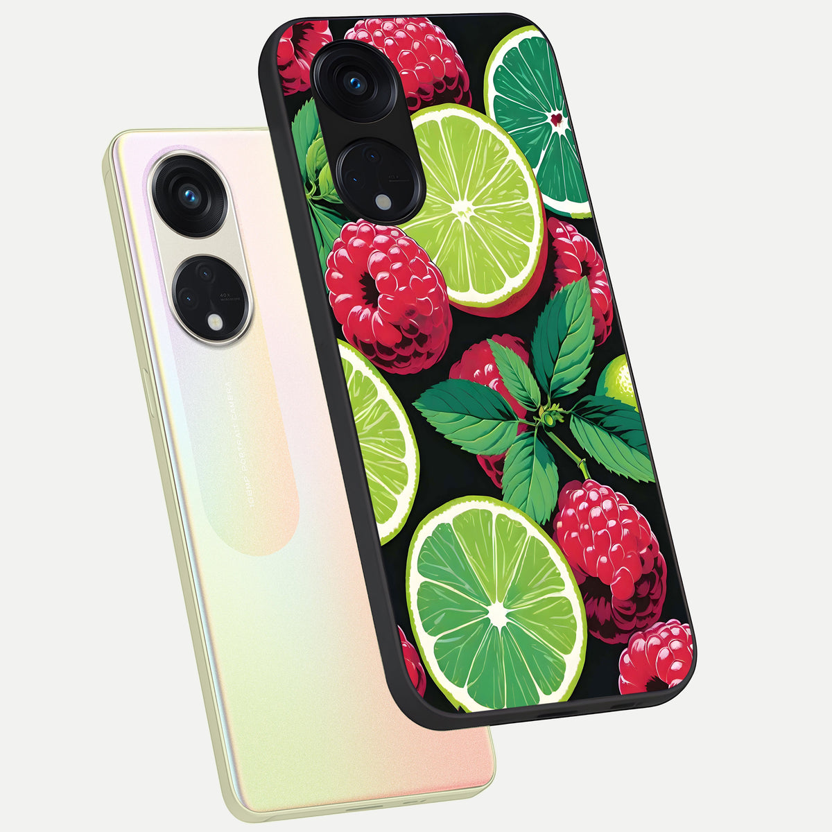  Lime and Raspberry Pattern phone case For Oppo Reno 8T 5G showing premium glass back cover with detailed artwork