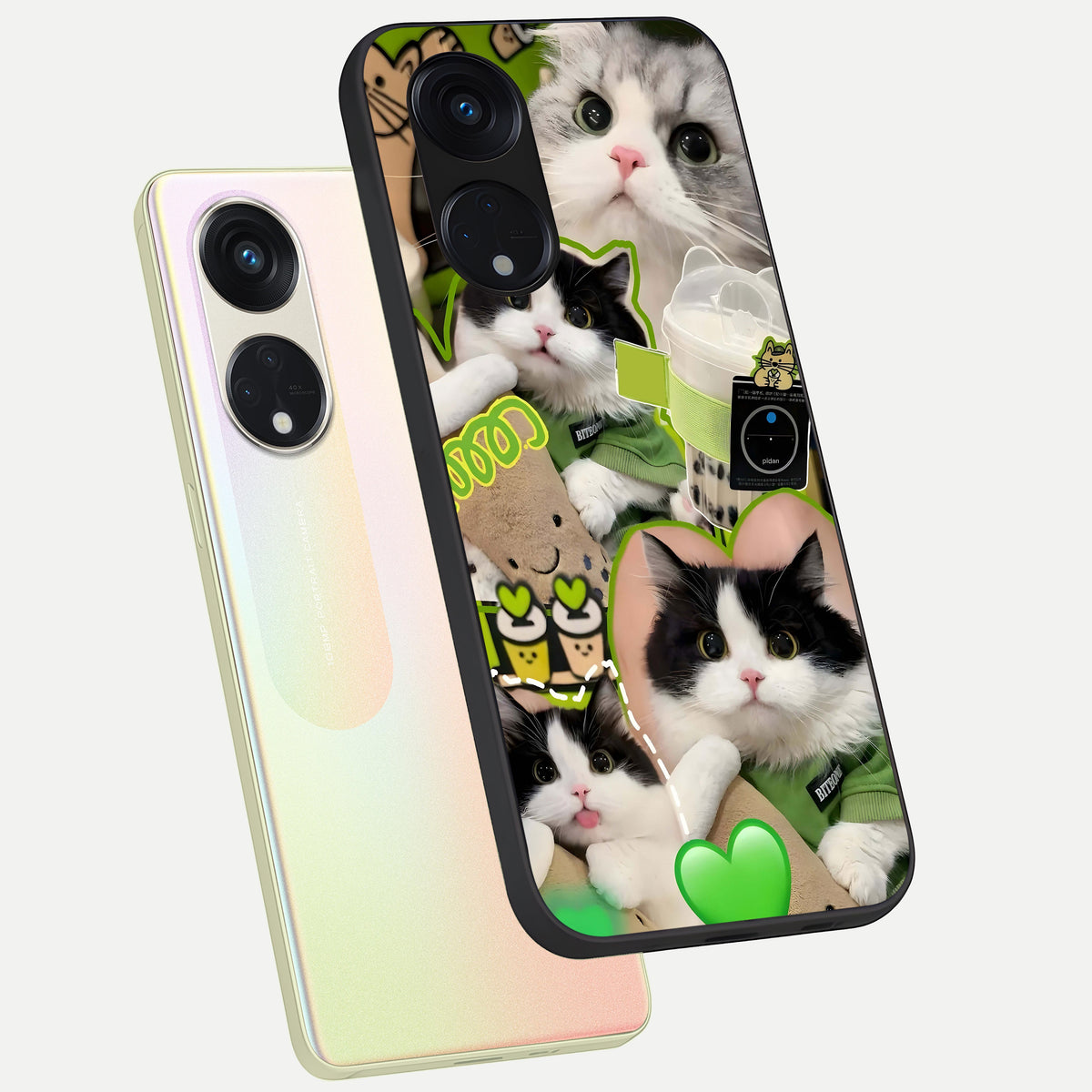  Matcha Cats Mood phone case For Oppo Reno 8T 5G showing premium glass back cover with detailed artwork