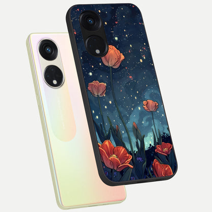  Midnight Tulip Glow phone case For Oppo Reno 8T 5G showing premium glass back cover with detailed artwork