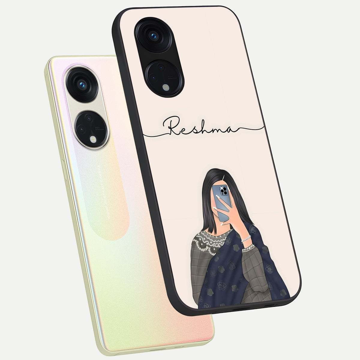  Mirror Mood Muse With Custom Name phone case For Oppo Reno 8T 5G showing premium glass back cover with detailed artwork