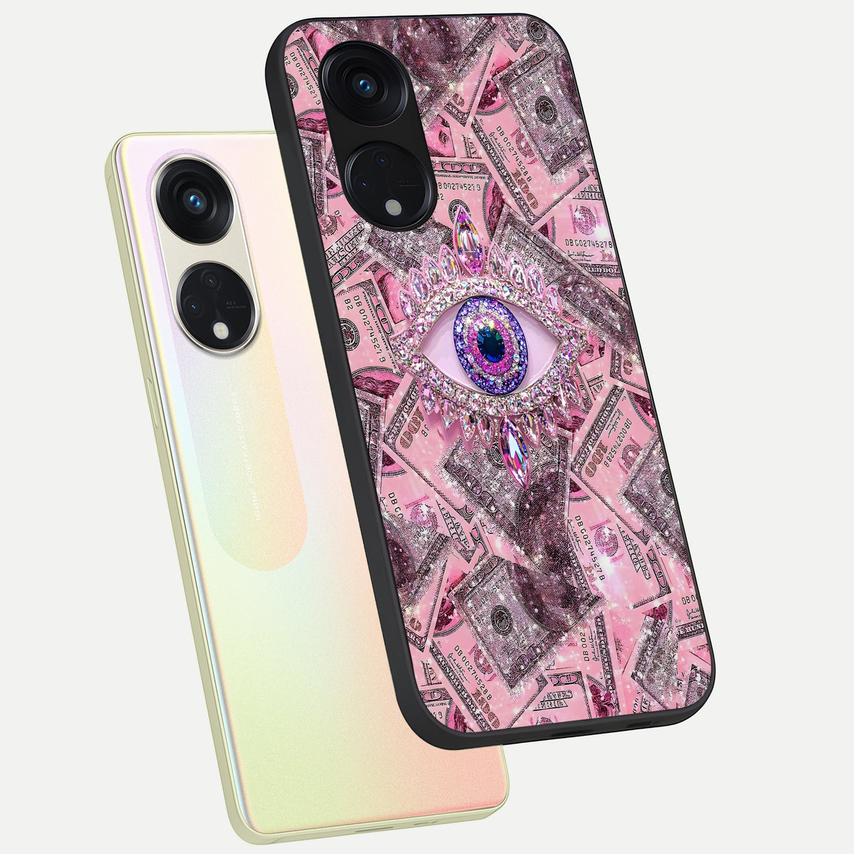  Money Eye Luxe phone case For Oppo Reno 8T 5G showing premium glass back cover with detailed artwork
