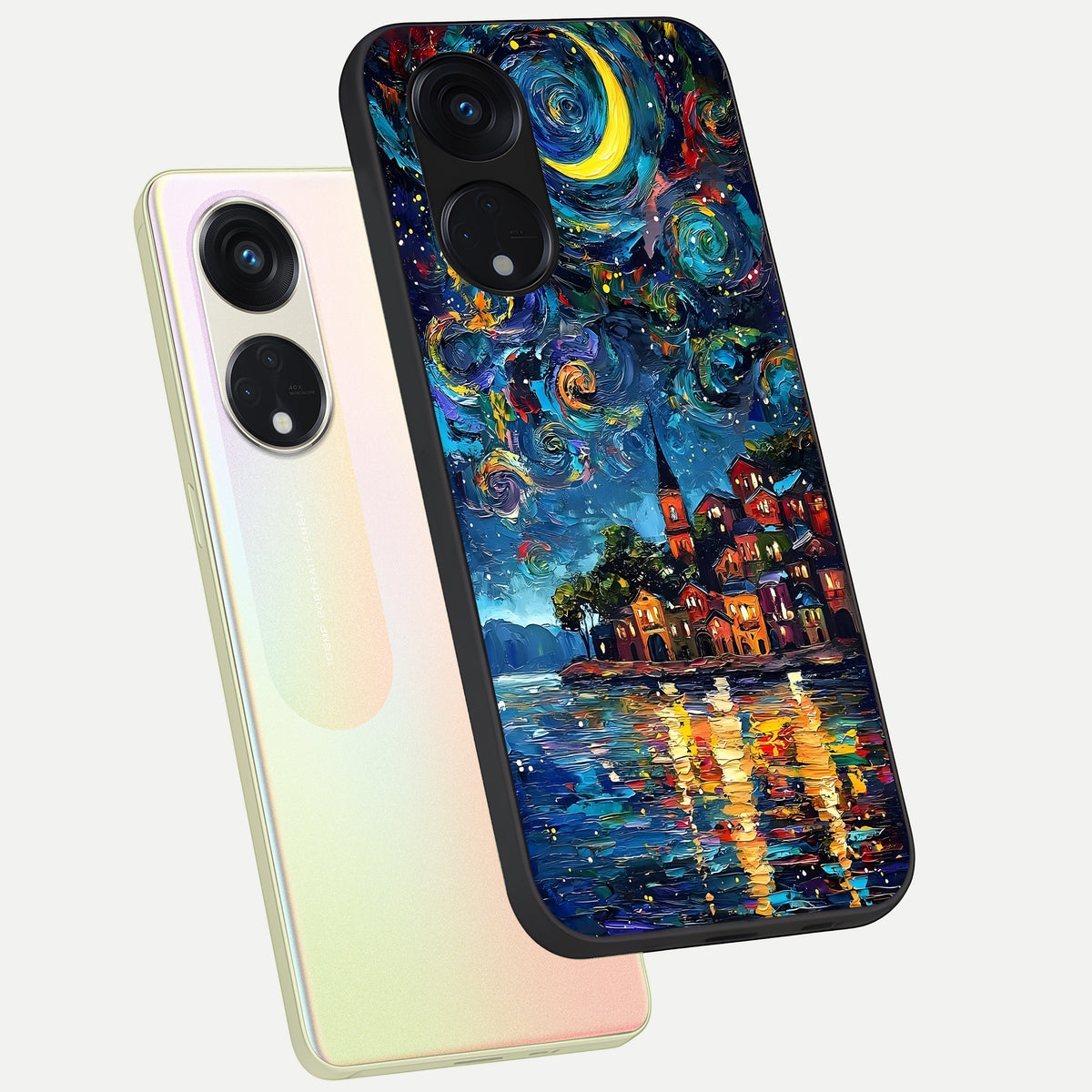  Moonlight Harbor Glow phone case For Oppo Reno 8T 5G showing premium glass back cover with detailed artwork