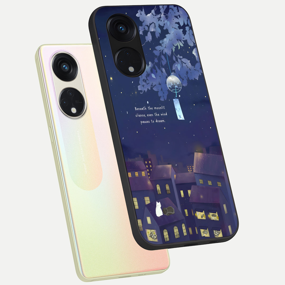  Moonlit Cat Silence phone case For Oppo Reno 8T 5G showing premium glass back cover with detailed artwork