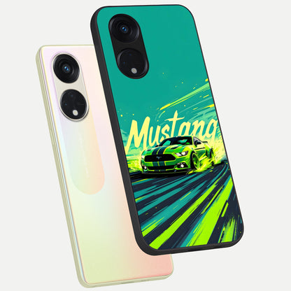  Mustang Bang phone case For Oppo Reno 8T 5G showing premium glass back cover with detailed artwork