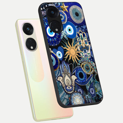  Mystic Blue Evil Eye phone case For Oppo Reno 8T 5G showing premium glass back cover with detailed artwork