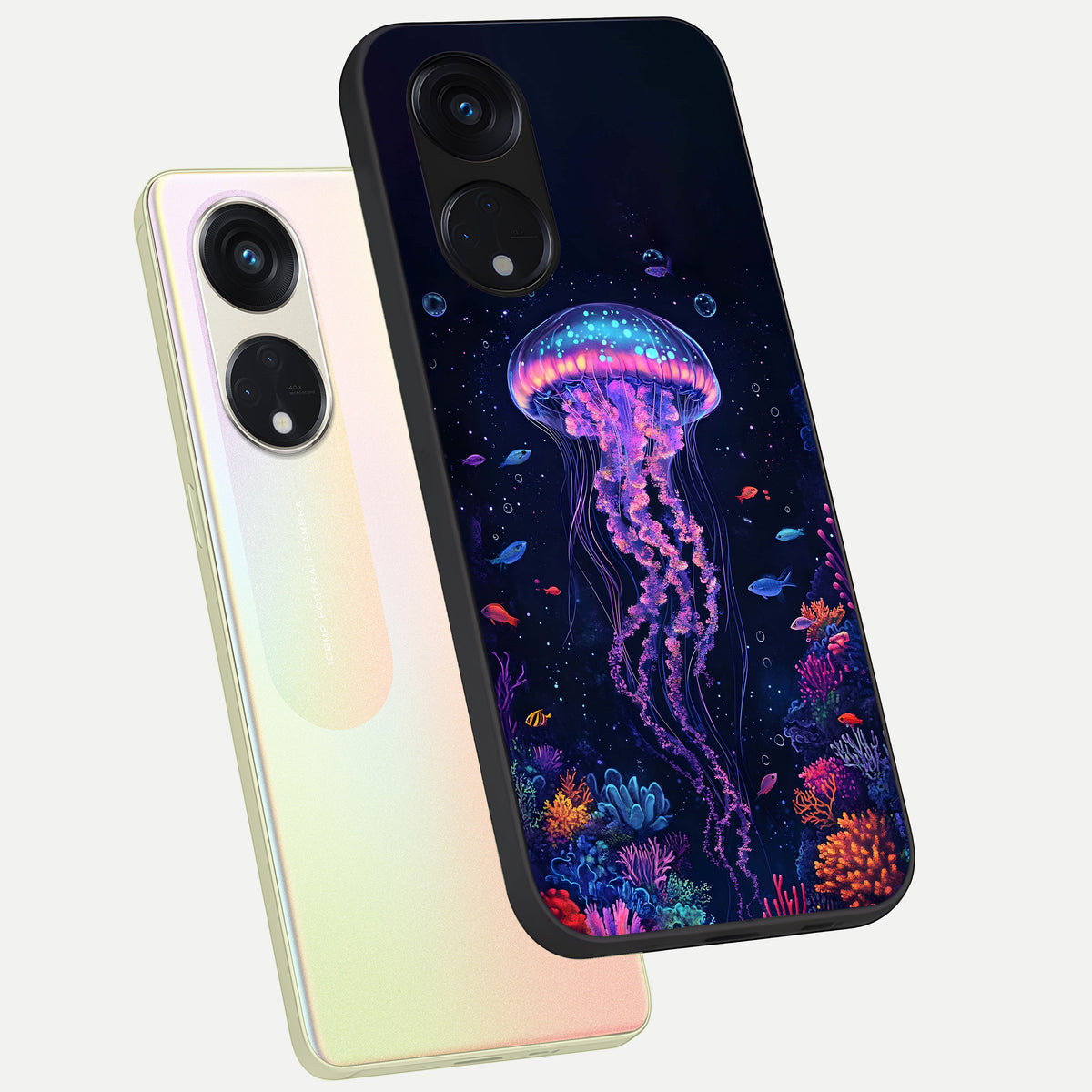  Neon Jellyfish phone case For Oppo Reno 8T 5G showing premium glass back cover with detailed artwork