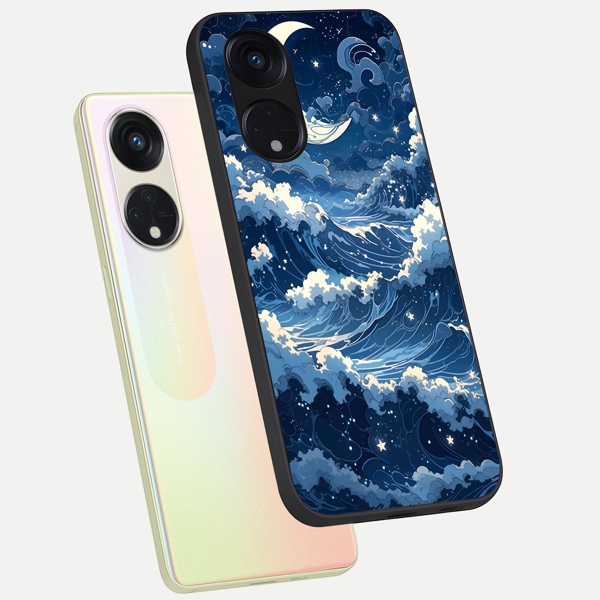 Ocean Moon Waves phone case For Oppo Reno 8T 5G showing premium glass back cover with detailed artwork