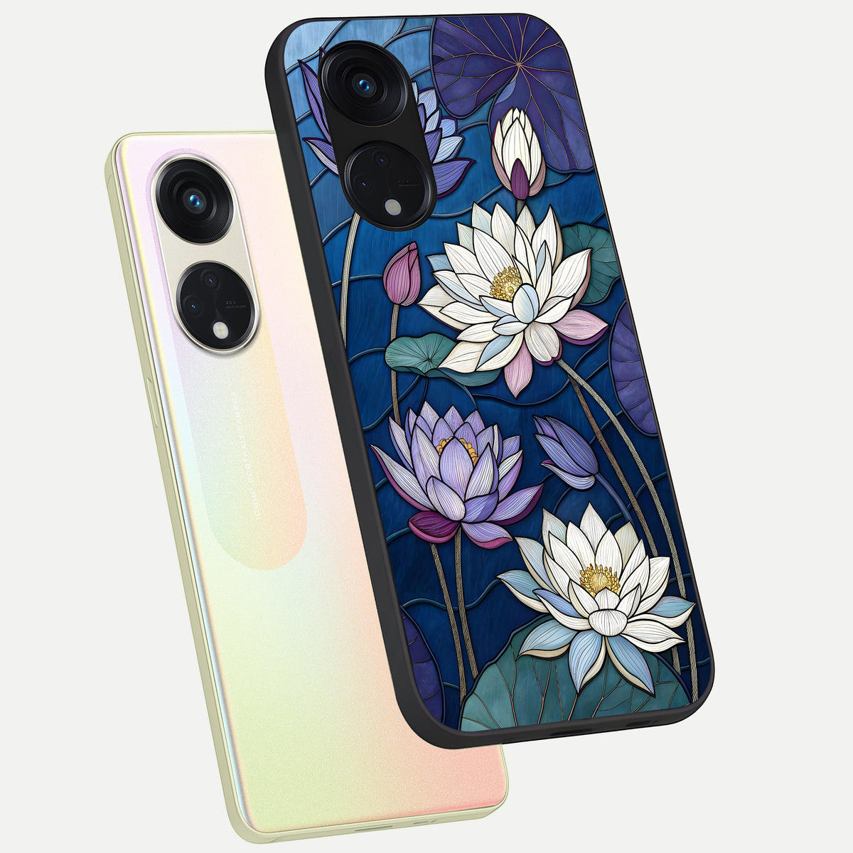 Purple Lotus Stained phone case For Oppo Reno 8T 5G showing premium glass back cover with detailed artwork