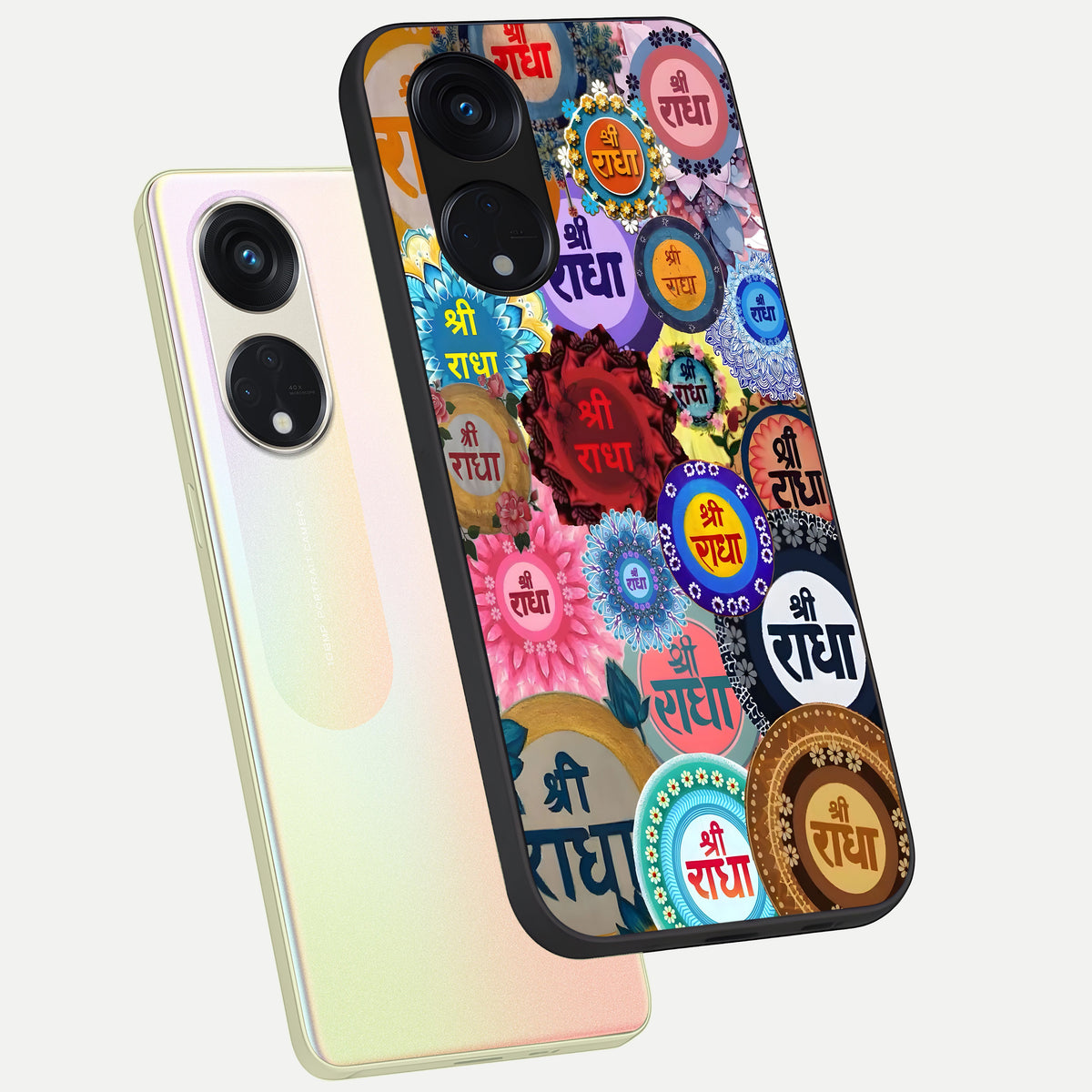  Radha Divine Bloom phone case For Oppo Reno 8T 5G showing premium glass back cover with detailed artwork