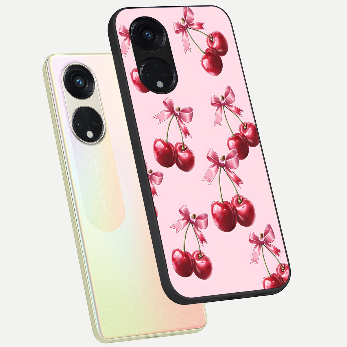  Red Cherries Pattern phone case For Oppo Reno 8T 5G showing premium glass back cover with detailed artwork