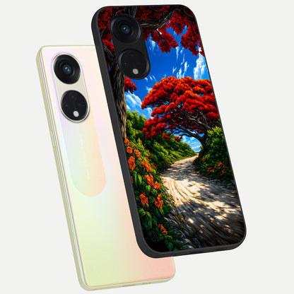 Red Trees Pathway phone case For Oppo Reno 8T 5G showing premium glass back cover with detailed artwork