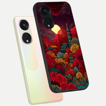  Scarlet Autumn Temple phone case For Oppo Reno 8T 5G showing premium glass back cover with detailed artwork