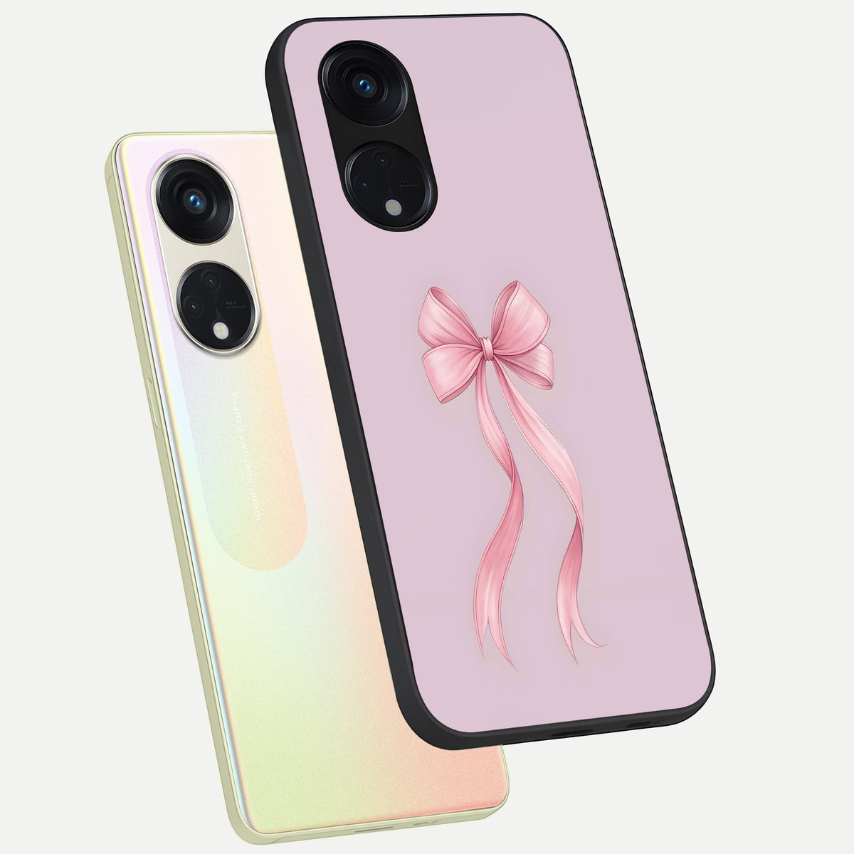  Soft Blush Bow phone case For Oppo Reno 8T 5G showing premium glass back cover with detailed artwork