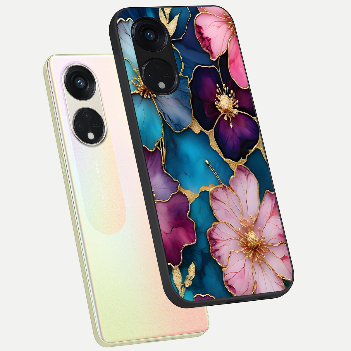  Sparkle Floral phone case For Oppo Reno 8T 5G showing premium glass back cover with detailed artwork