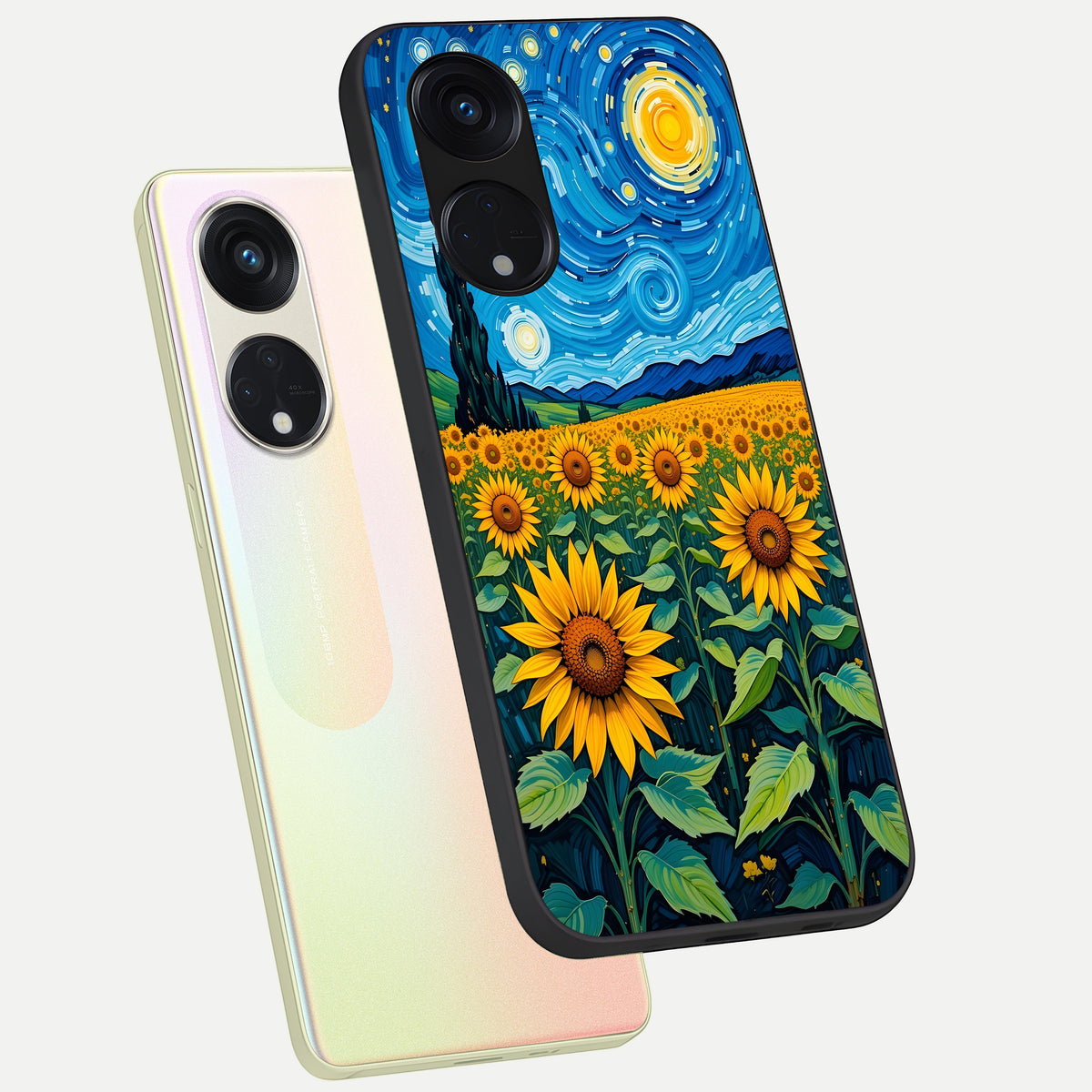  Starry Sunflower Dreams phone case For Oppo Reno 8T 5G showing premium glass back cover with detailed artwork