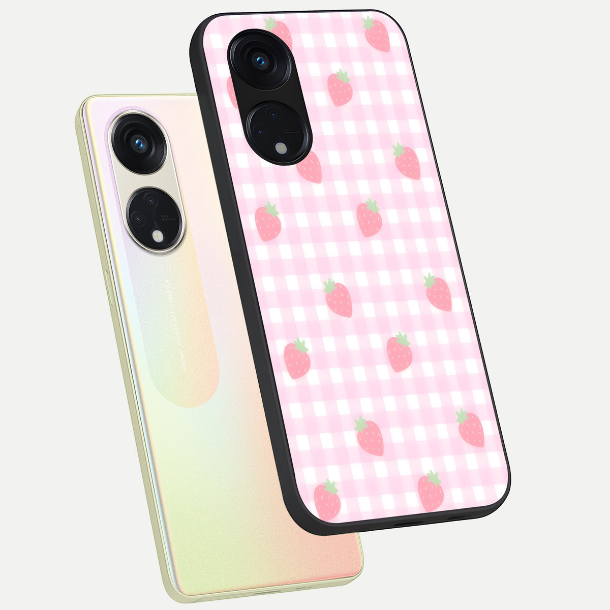  Strawberry Picnic Love phone case For Oppo Reno 8T 5G showing premium glass back cover with detailed artwork