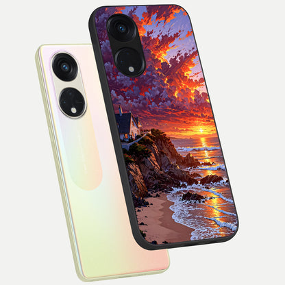  Sunset House By Sea phone case For Oppo Reno 8T 5G showing premium glass back cover with detailed artwork
