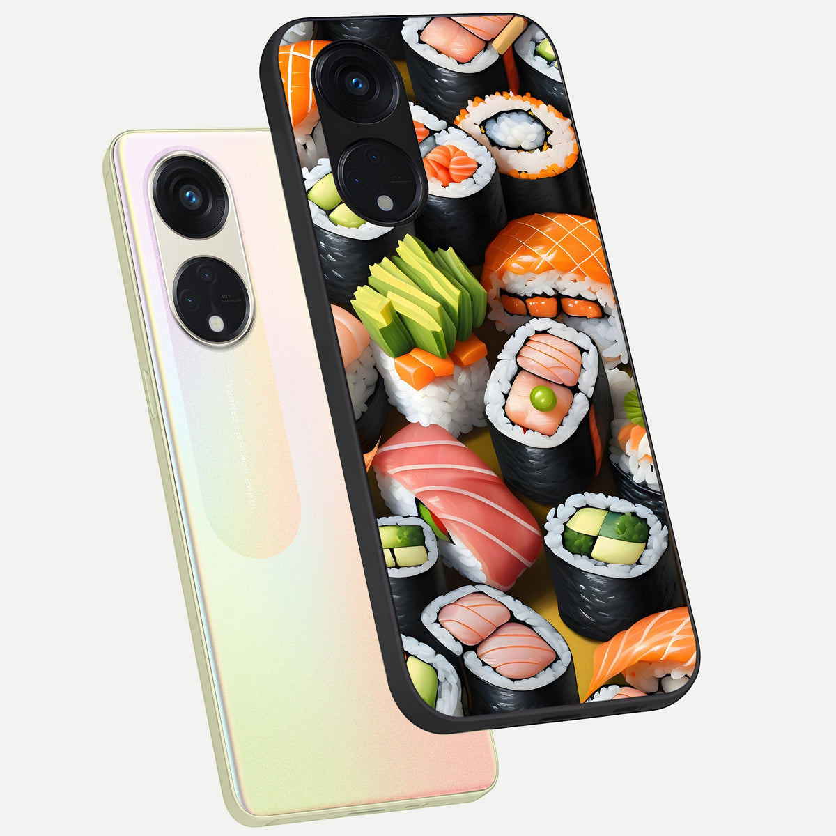  Sushi Food Pattern phone case For Oppo Reno 8T 5G showing premium glass back cover with detailed artwork