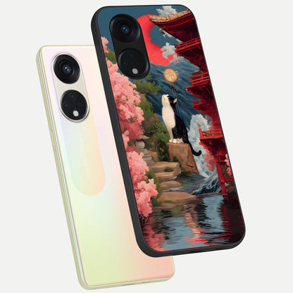  Temple Cat Scenery phone case For Oppo Reno 8T 5G showing premium glass back cover with detailed artwork
