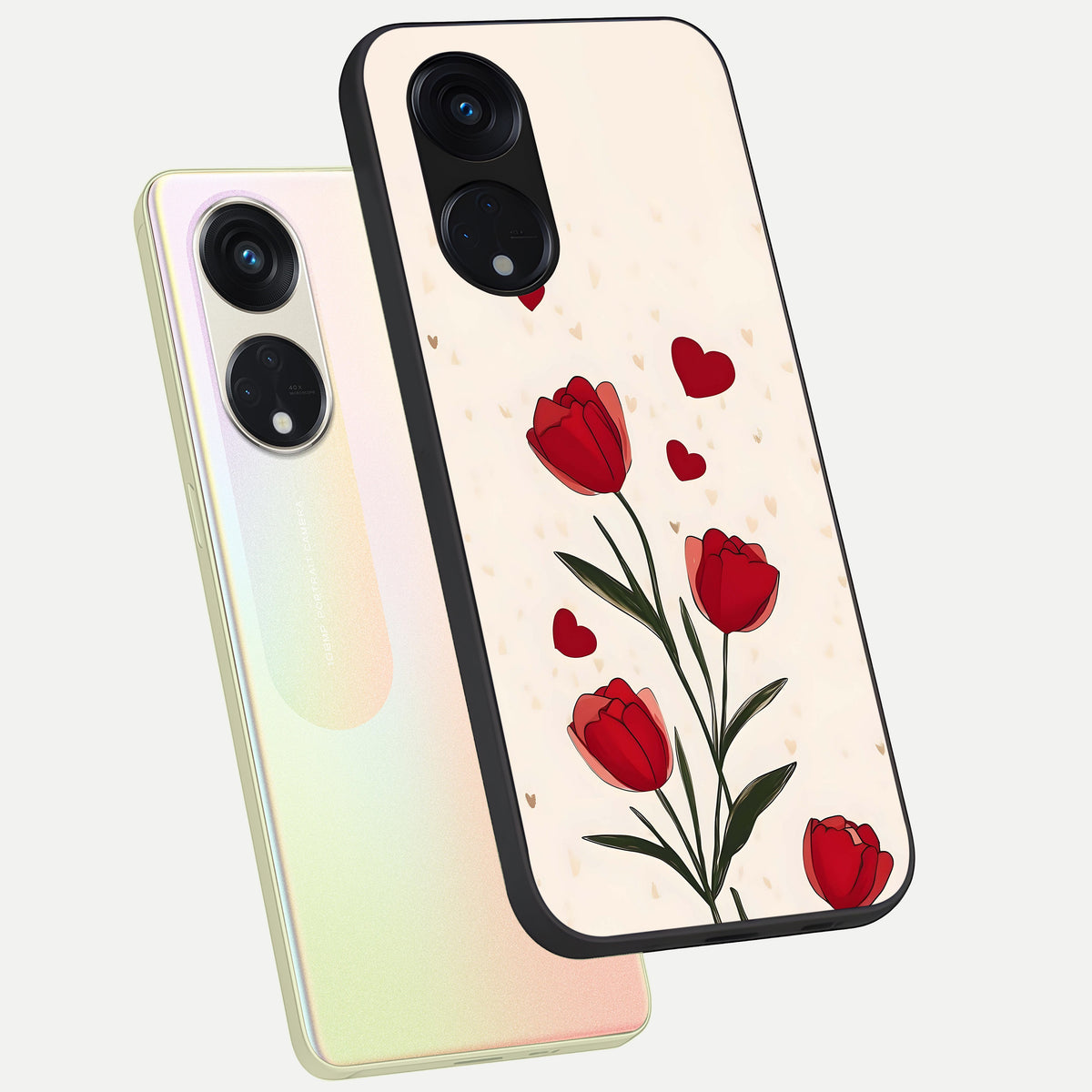  Tulip With Heart phone case For Oppo Reno 8T 5G showing premium glass back cover with detailed artwork