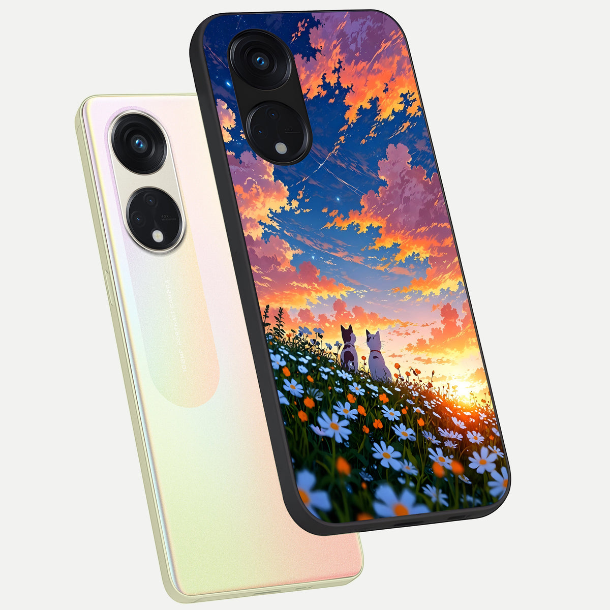  Two Cats Friends phone case For Oppo Reno 8T 5G showing premium glass back cover with detailed artwork