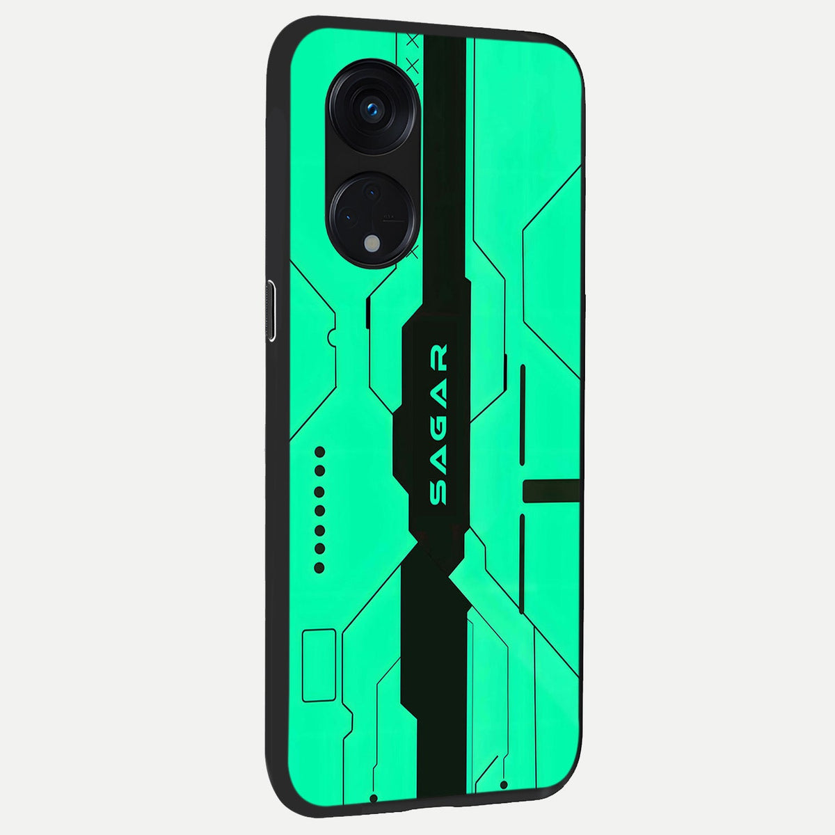  Aqua Tech CYBERPUNK Custom Name back cover For Oppo Reno 8T 5G slim fit glass case with vibrant aesthetic design