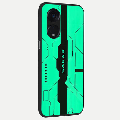  Aqua Tech CYBERPUNK Custom Name back cover For Oppo Reno 8T 5G slim fit glass case with vibrant aesthetic design