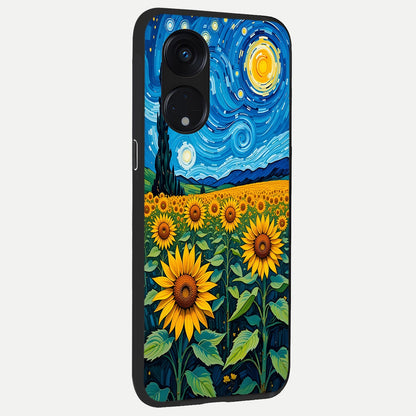  Starry Sunflower Dreams back cover For Oppo Reno 8T 5G slim fit glass case with vibrant aesthetic design
