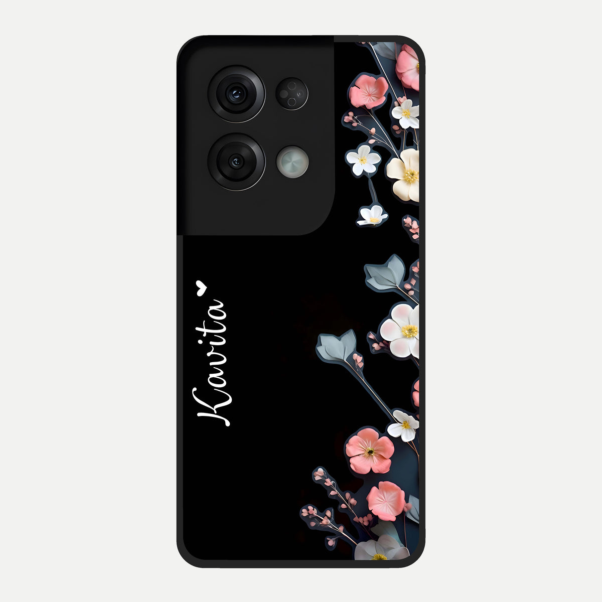  Black Elegance Floral Custom Name Glass Case For Oppo Reno 8 Pro back cover – full design glossy printed glass finish