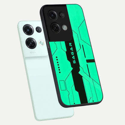  Aqua Tech CYBERPUNK Custom Name phone case For Oppo Reno 8 Pro showing premium glass back cover with detailed artwork