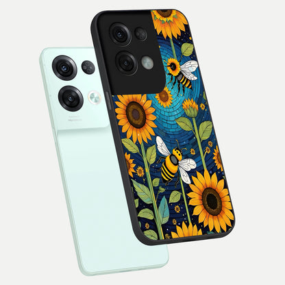  Bees And Sunflowers phone case For Oppo Reno 8 Pro showing premium glass back cover with detailed artwork
