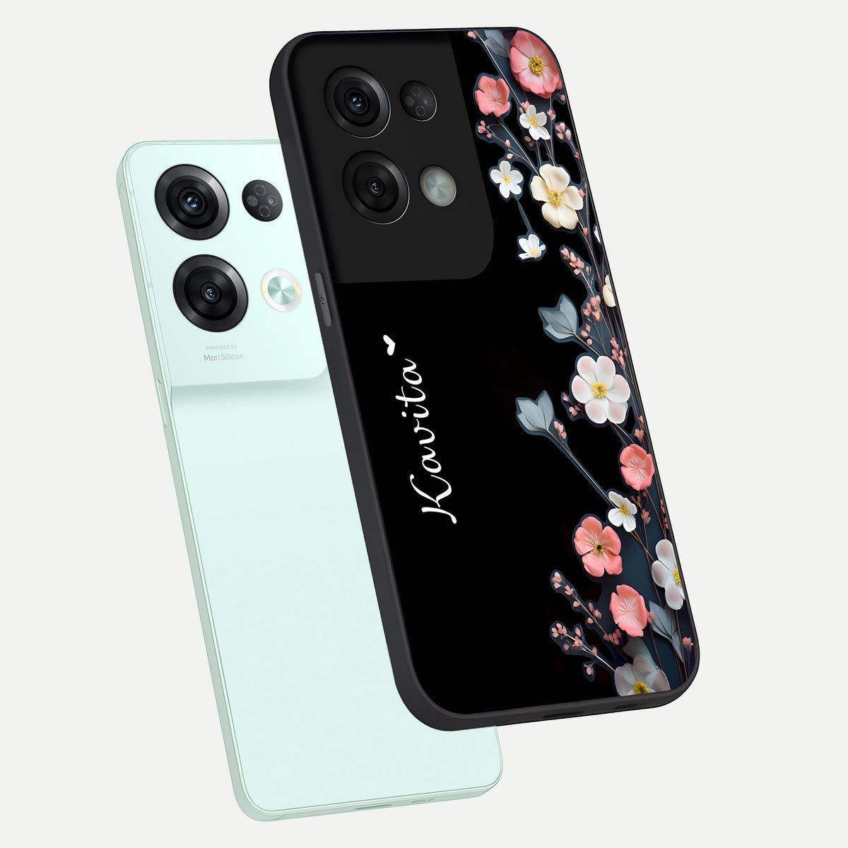  Black Elegance Floral Custom Name phone case For Oppo Reno 8 Pro showing premium glass back cover with detailed artwork