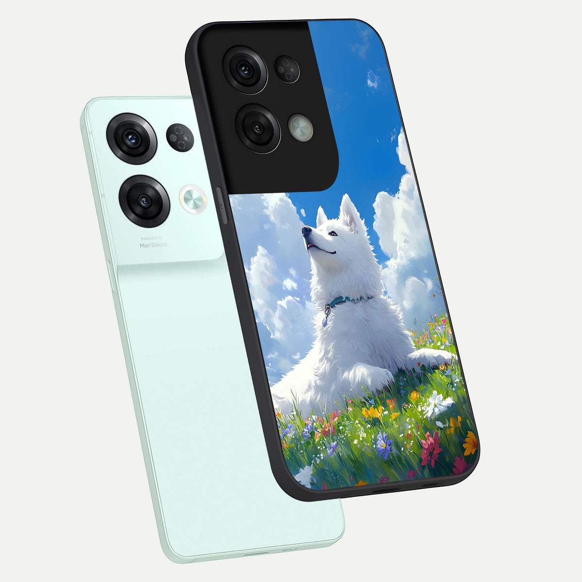  Blissful Cloud Pup phone case For Oppo Reno 8 Pro showing premium glass back cover with detailed artwork